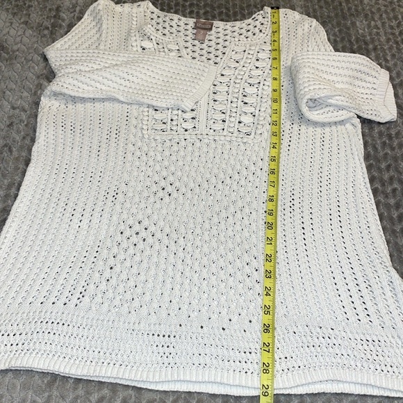 Chico’s Open Knit Crochet V-Neck Sweater Women Size 2 (12) 3/4 Sleeve White - Picture 10 of 11
